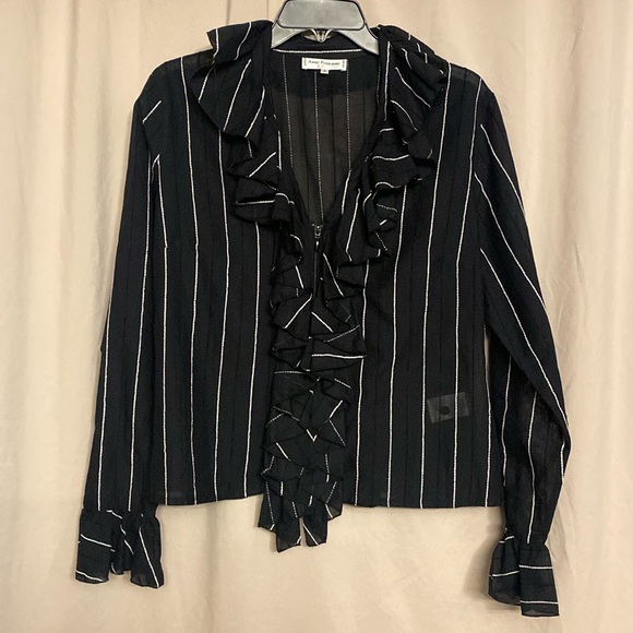 Anne Fontaine Ruffle Front Long Sleeve Blouse, Size 4/6 US Color Black/White - Picture 1 of 11